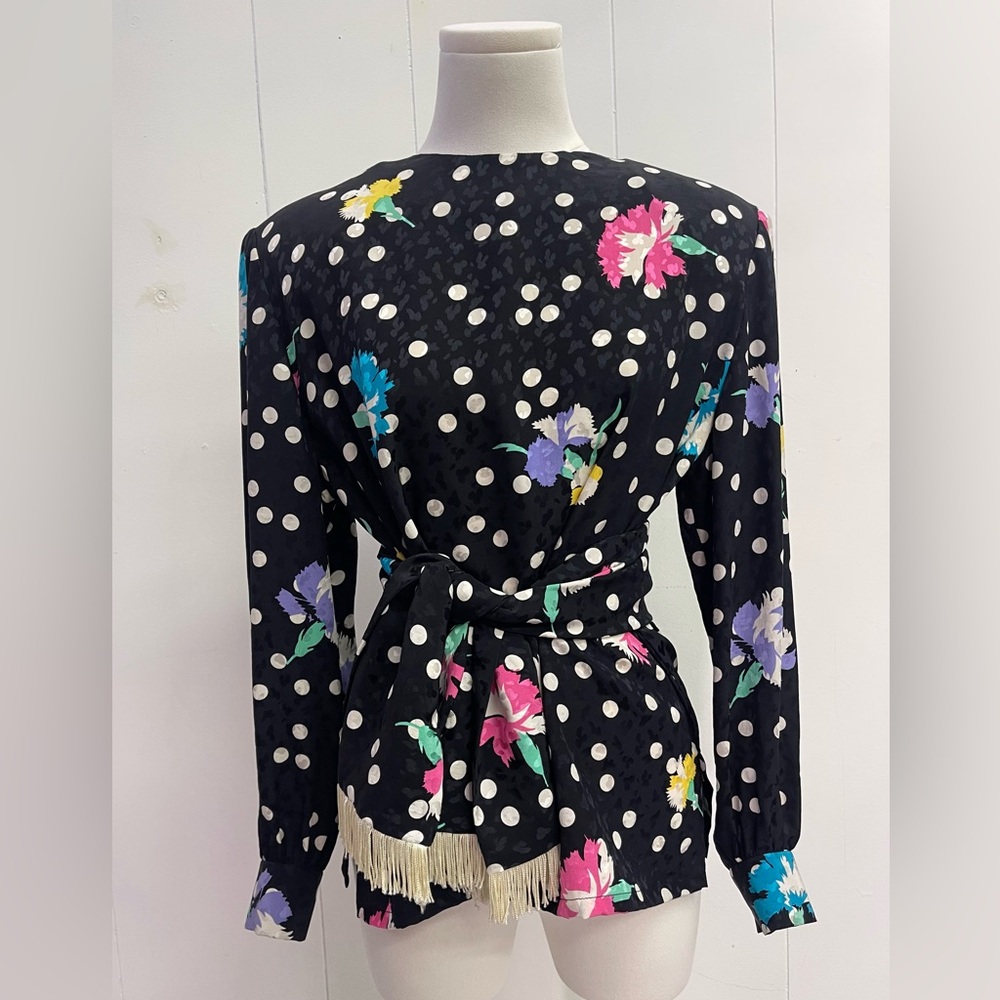 Vintage 1980’s Designer Polka Dot Silk Blouse w/ Matching Sash
